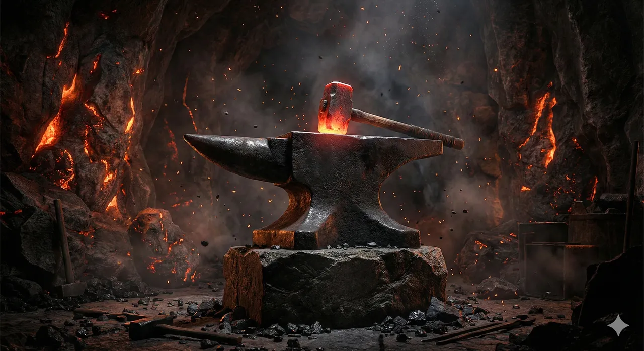 Trpasličí dělník s nářadím v podzemní dílně s runovými kameny