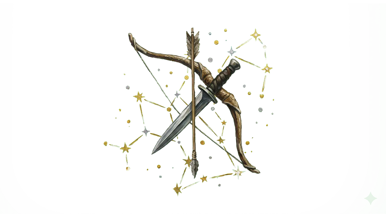 Tulák v pláštíku s různými nástroji pro plížení a hudební nástroje