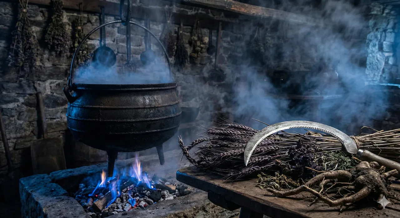 Gurmán připravující jídlo v kuchyni s různými ingrediencemi a nádobami