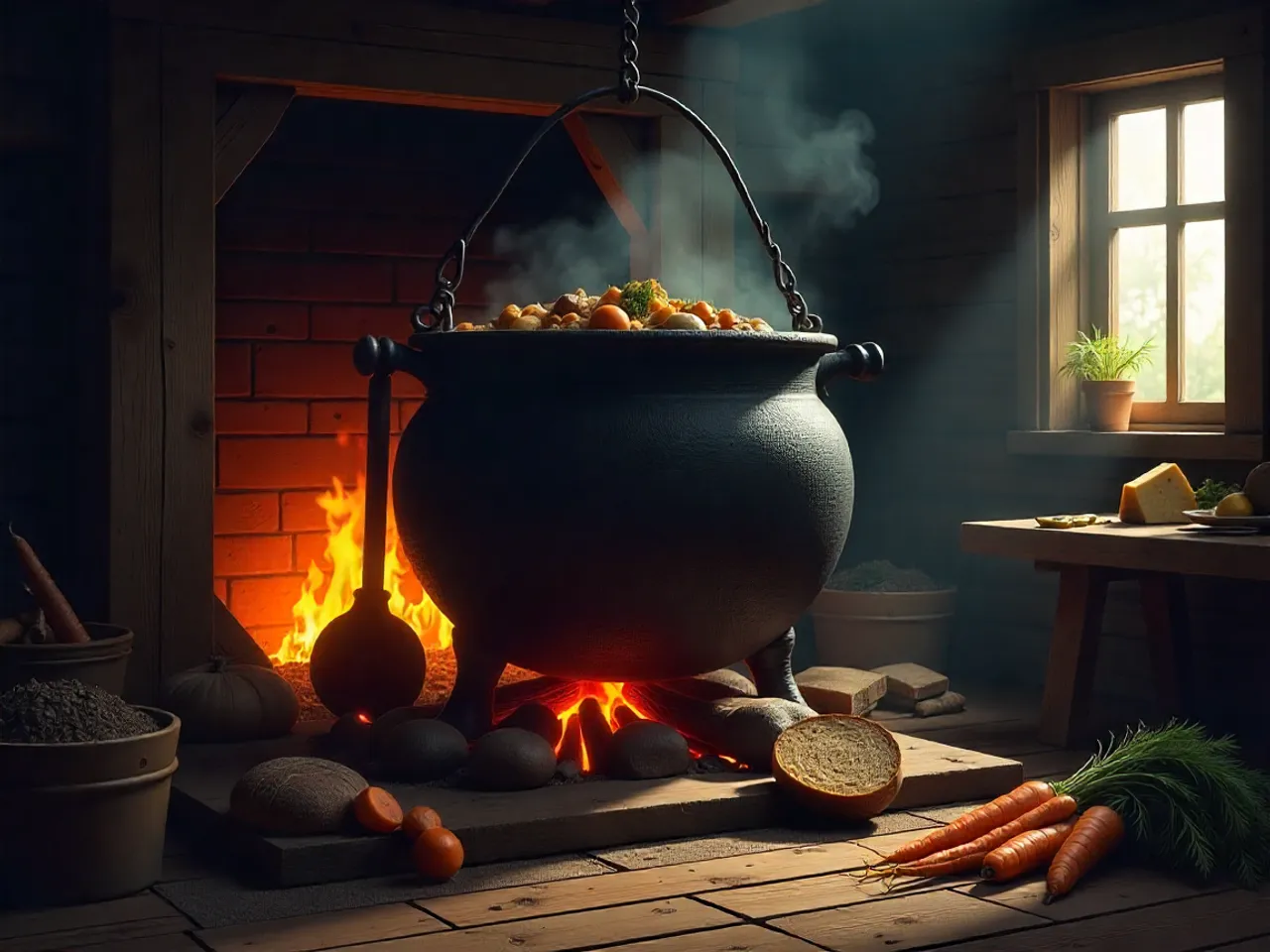 Gurmán připravující jídlo v kuchyni s různými ingrediencemi a nádobami