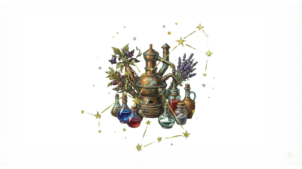 Ilustrovaný herbář s různými magickými rostlinami a alchymistickými přísadami