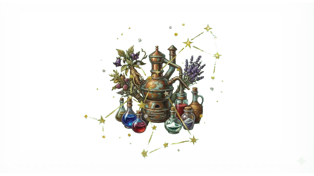 Ilustrovaný herbář s různými magickými rostlinami a alchymistickými přísadami