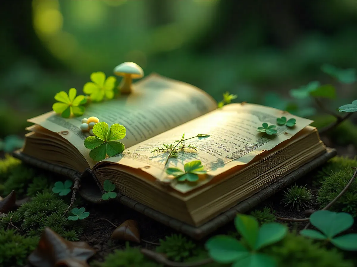 Ilustrovaný herbář s různými magickými rostlinami a alchymistickými přísadami