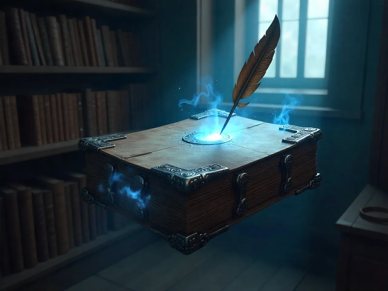 Kouzelník s magickou knihou a svitky v laboratoři plné alchymistických přísad