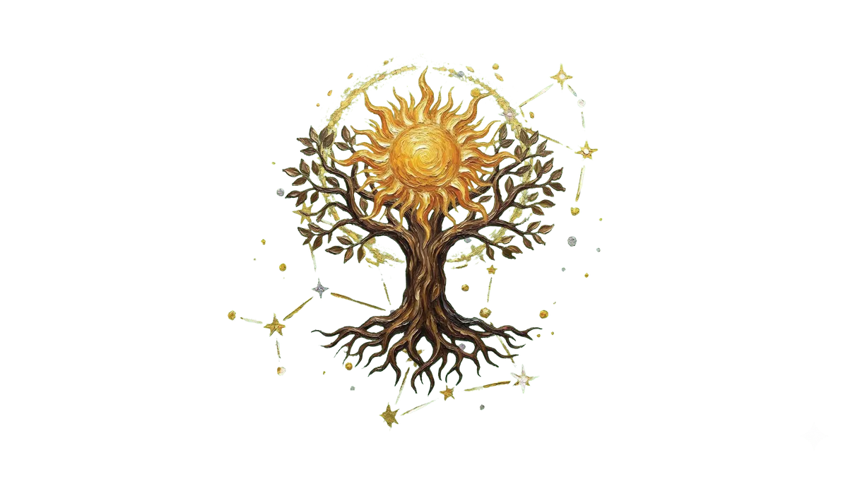 Mystik v meditaci obklopený přírodními a božskými symboly