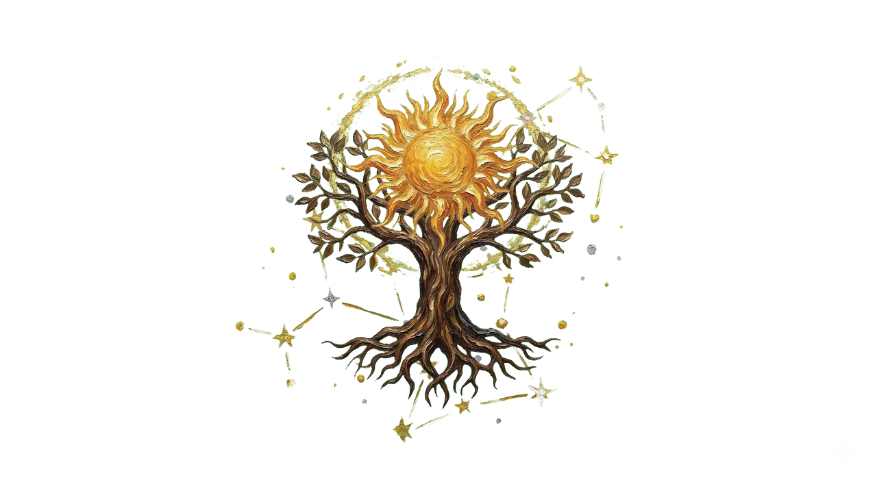 Mystik v meditaci obklopený přírodními a božskými symboly