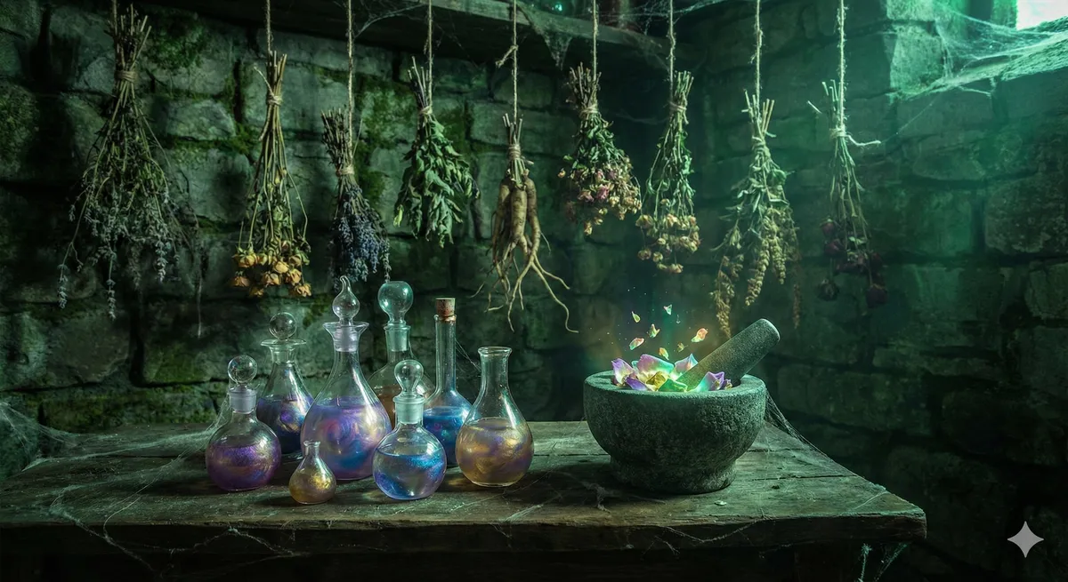 Učenec v laboratoři s alchymistickými přísadami, lektvary a lékařskými nástroji